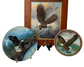 Vintage Bald Eagle Decor Musical Collector Plate Set of 3 Patriotic Aviation