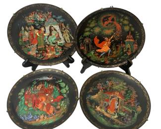 Russian Decorative Plates Lot of 4 Hand Painted Folklore Scenic Designs