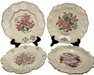 Vintage Floral Collector Plates Set of 4 Roses Flowers Scalloped Pierced Edge Decor