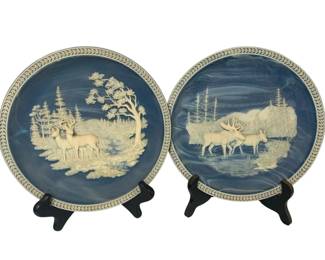 2 Franklin Mint Wildlife Plates Deer Hunting Scene Blue Jasperware