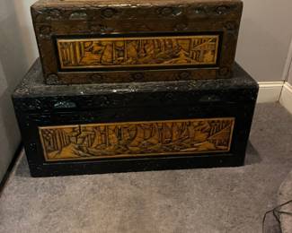 Vintage mid-century Asian hand-carved Camphor wood trunks