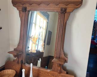Antique Victorian/Eastlake oak dresser with ornate beveled mirror, carved details and side shelves, c. 1880–1900