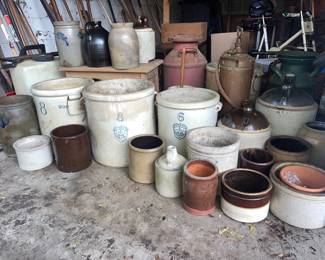Collection of antique and vintage stoneware crocks in a variety of sizes and styles. Beautiful primitive farmhouse pieces with great age, character, and patina—perfect for collectors or vintage décor. Redwing, etc. 