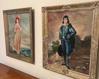Vintage Original Portrait Paintings Pair of large vintage hand-painted portrait artworks in ornate decorative frames, featuring period-style figures reminiscent of classic Pinkie/Blue Boy portraiture. Beautiful statement pieces with wonderful vintage character. Original painted works, not standard framed prints.