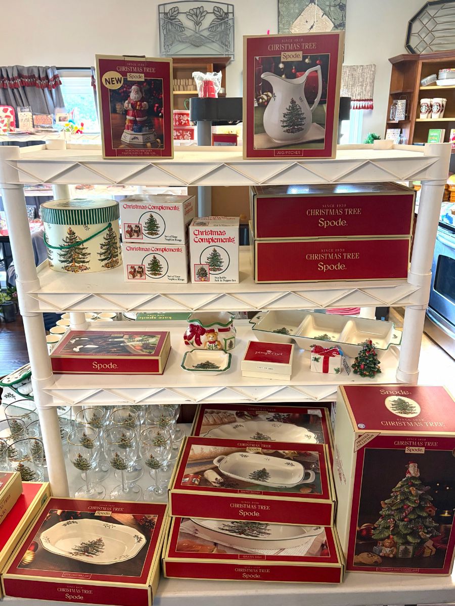 Huge collection of Spode Christmas Tree dishes, serving ware, glassware, cookie jars and tea pots. 