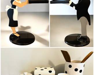  vintage 1990s "James the Butler" and "Millie the Maid" figurative serving tray accent tables by The Bombay Company,  a collection of Kate Spade kitchen utensil holders, cream and sugar and recipe box. 