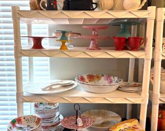 Set of Kitchen prep 201 pizza plates, a Tommy Bahama serving set, cake stands, tea pots and floral dish sets