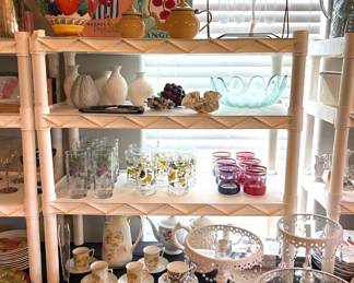 Collection of hand painted glassware, cake stands, polished grapes made out of amethyst and jade stones, set of Merlox poppy trail lotus china dishes and a set of Picard Georgian Manor China.