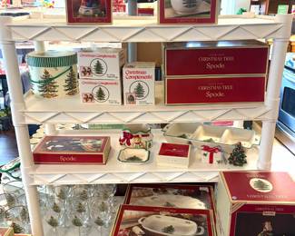 Huge collection of Spode Christmas Tree dishes, serving ware, glassware, cookie jars and tea pots.