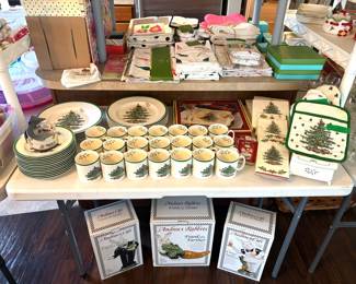 Huge collection of Spode Christmas Tree dishes, serving ware, glassware, cookie jars and tea pots