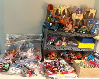Imaginext, playmobil sets and people, Batman attire, raggedy Ann doll,
