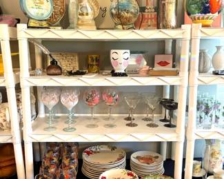 Collection of vintage Jim Beam decanters, sets of hand painted glassware, and planters