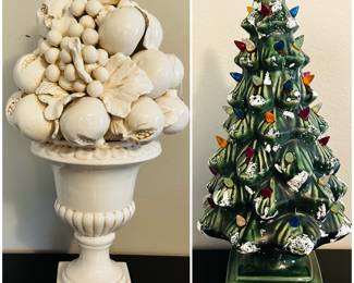vintage Italian Blanc de Chine white glazed ceramic fruit topiary centerpiece and a vintage 17-inch ceramic lighted Glimmer Christmas tree 