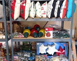 Outdoor holiday decor, lights and decorative pillows. 