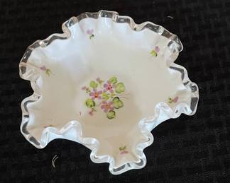 Fenton Silver Crest Milk Glass Ruffled Bowl with Hand-Painted Violets
