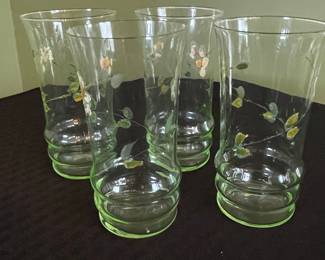 Vintage Uranium Glass Hand-Painted Floral Tumblers - Dunbar