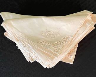 Set of 4 Vintage Peach Linen Handkerchiefs with Monogram 'A' and Lace Trim