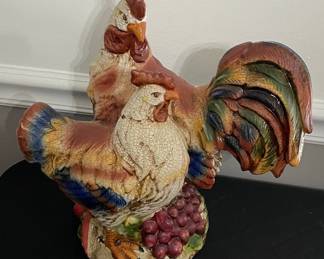 J. Willfred Ceramic Rooster and Hen Figurine with Grapes