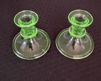 Pair of Depression Era Uranium Glass Candlesticks - Possibly Fostoria Fairfax