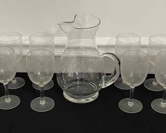 Etched Floral Glass Pitcher and Stemware Set