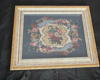 Vintage Floral Bouquet Needlepoint Artwork With Gold Frame