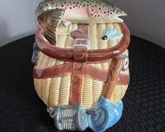 Mercuries China Fishing Creel Cookie Jar with Trout Lid