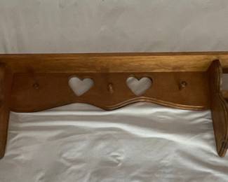 Vintage Wood Wall Shelf with Heart Cutouts and Pegs