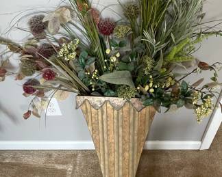 Vintage Metal Cornucopia Wall Vase with Floral Arrangement