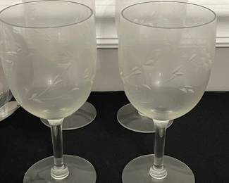 Etched Floral Glass Pitcher and Stemware Set