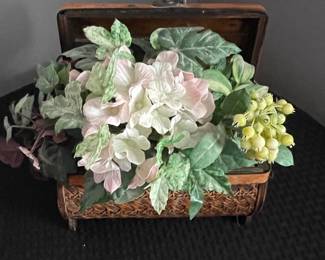 Vintage Woven Rattan Keepsake Box with Artificial Hydrangea Arrangement