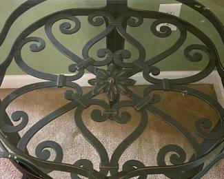 Wrought Iron Scrollwork Accent Table with Floral Medallion and Shaped Glass Top