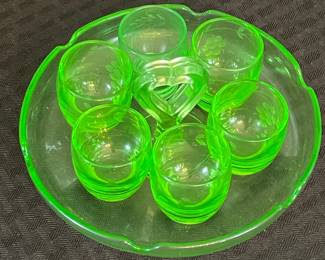 Depression Glass Uranium Glass Condiment or Nut Set with Heart Handle