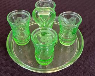 Depression Glass Uranium Glass Cordial Set with Grape Etching
