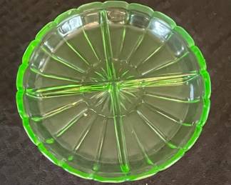 Depression Glass Uranium Glass Divided Relish Dish - Hazel Atlas "Ribbon" Pattern