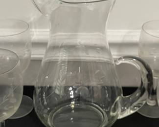 Etched Floral Glass Pitcher and Stemware Set