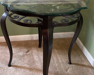 Wrought Iron Scrollwork Accent Table with Floral Medallion and Shaped Glass Top