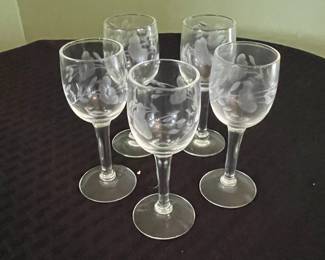 Vintage Etched Floral Cordial Glasses - Set of 5
