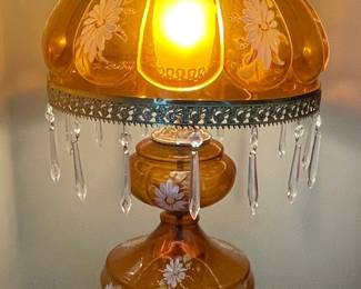 Vintage Amber Glass Hand-Painted Floral Gone with the Wind Lamp