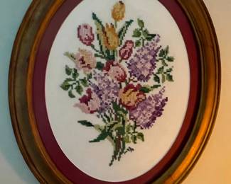 Vintage "Tulips and Lilacs" Cross-Stitch Embroidery in Oval Frame