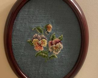 Vintage Pansy Petit Point Embroidery in Oval Frame