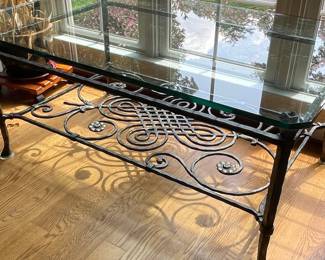 Vintage Wrought Iron Scrollwork Coffee Table with Glass Top