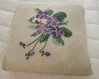 Vintage Cross-Stitch Pillow with Violet Design