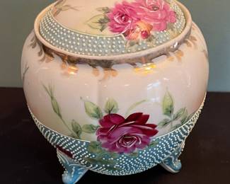 Antique Nippon Hand-Painted Moriage Rose Covered Jar