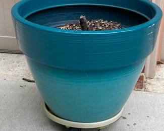 Teal Glazed Ceramic Garden Planter with Rolling Caddy