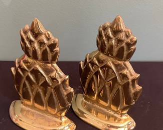 Vintage Solid Brass Pineapple Bookends - Virginia Metalcrafters Newport Line