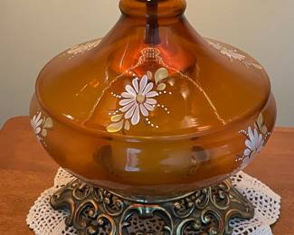Vintage Amber Glass Hand-Painted Floral Gone with the Wind Lamp