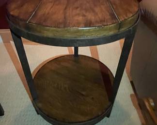 Industrial Style Round Two-Tier Side Table with Wood Veneer Top