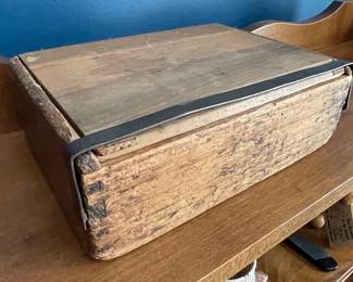 Antique Primitive Wooden Cigar Box with Metal Strapping