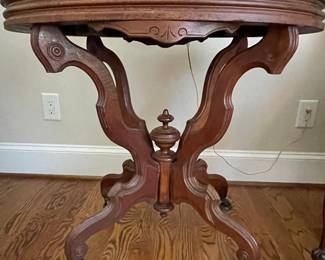 Victorian Walnut Turtle Top Marble-Top Parlor Table