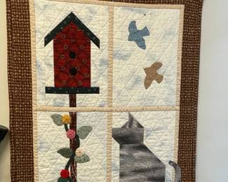 Handmade Folk Art Wall Hanging Quilt - Birdhouse, Cat, and Birds